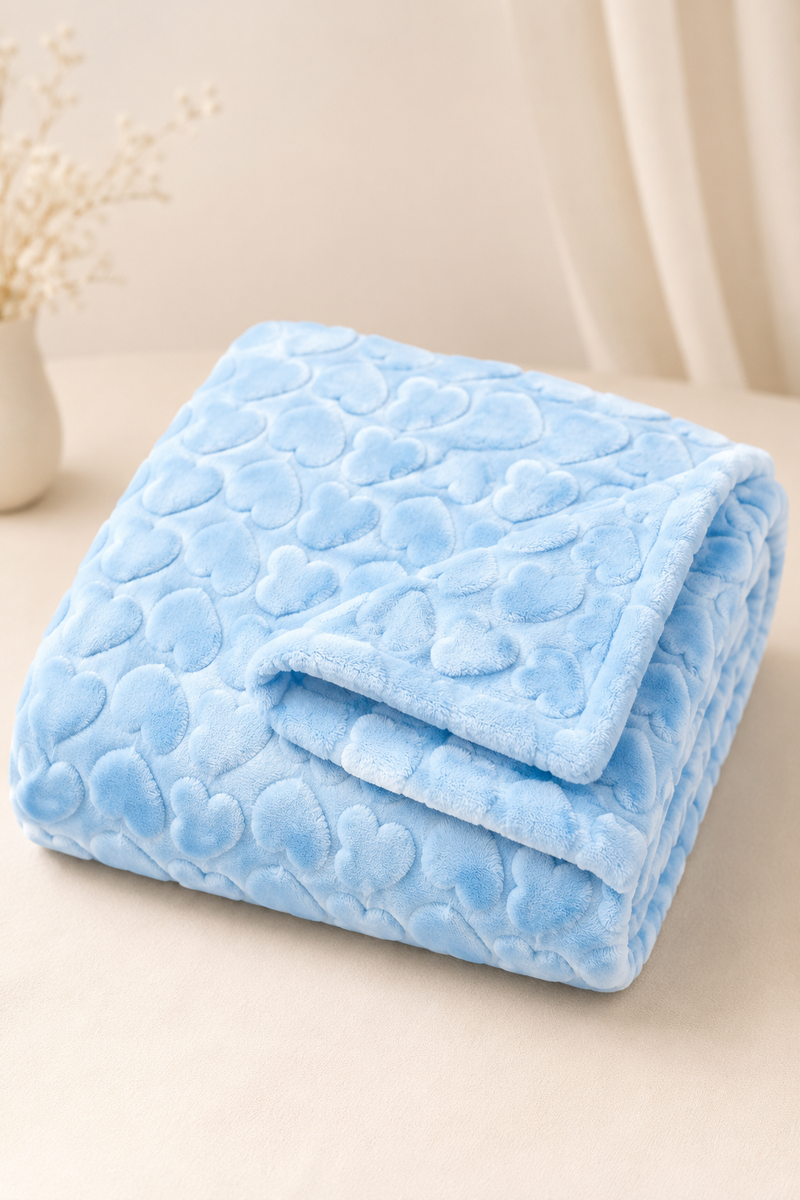 Ultra-Soft Plush Velvet Fleece Blanket with Embossed Heart Texture – Blue Hearts