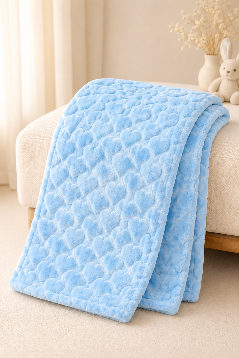 Ultra-Soft Plush Velvet Fleece Blanket with Embossed Heart Texture – Blue Hearts