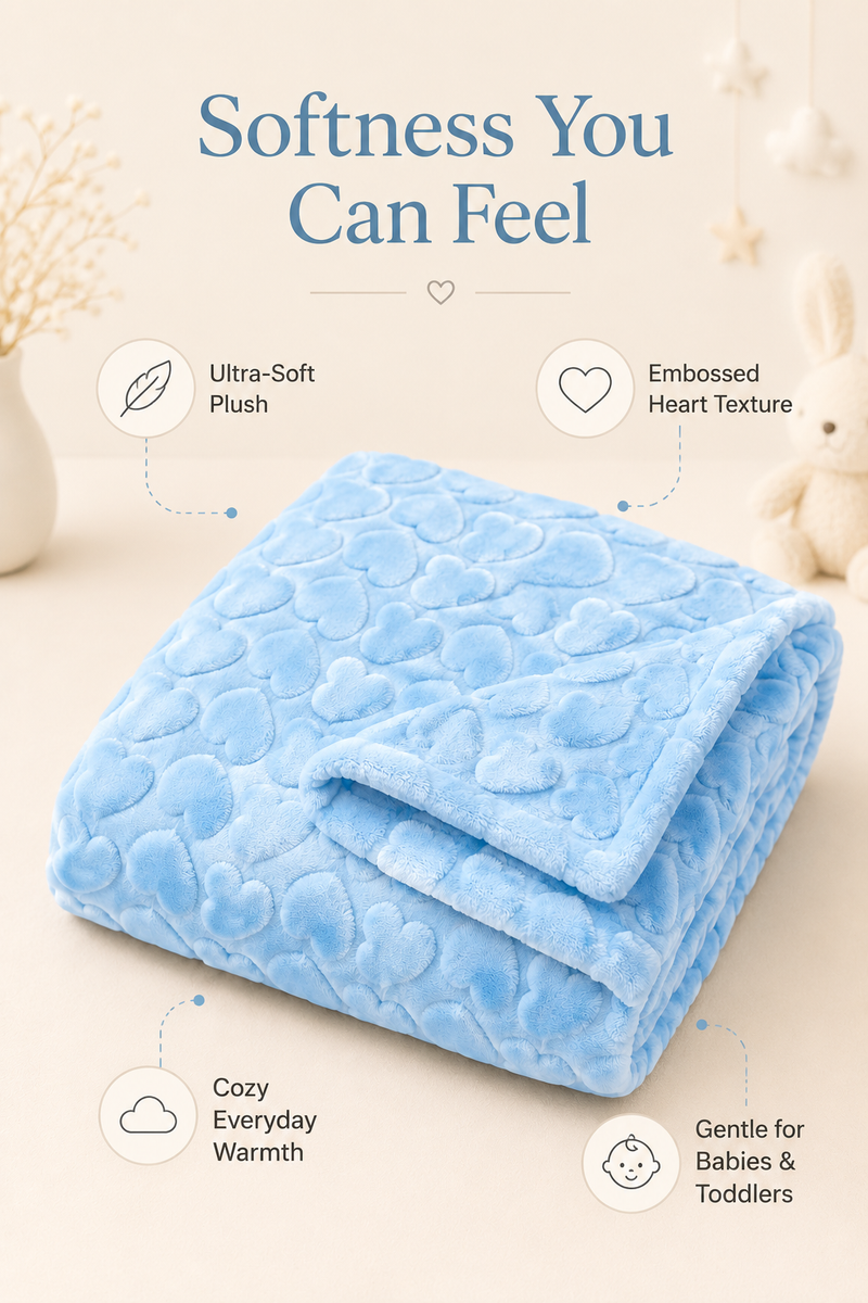 Ultra-Soft Plush Velvet Fleece Blanket with Embossed Heart Texture – Blue Hearts