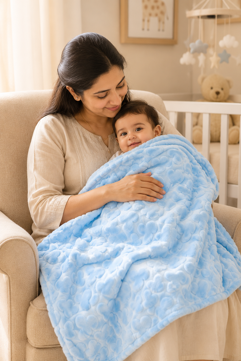 Ultra-Soft Plush Velvet Fleece Blanket with Embossed Heart Texture – Blue Hearts