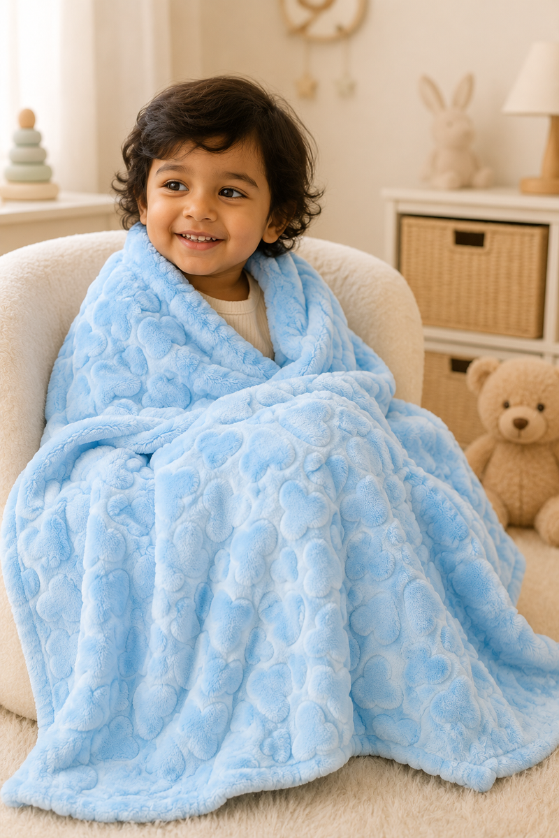 Ultra-Soft Plush Velvet Fleece Blanket with Embossed Heart Texture – Blue Hearts