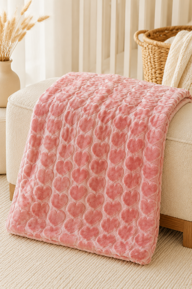 Ultra-Soft Plush Velvet Fleece Blanket with Embossed Heart Texture – Red Hearts