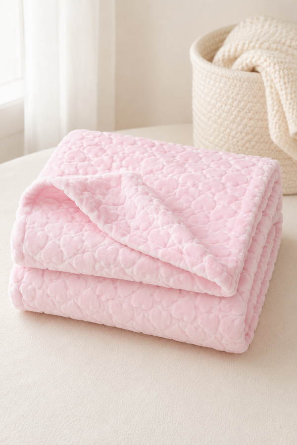 Ultra-Soft Plush Velvet Fleece Blanket with Embossed Heart Texture – Pink Hearts