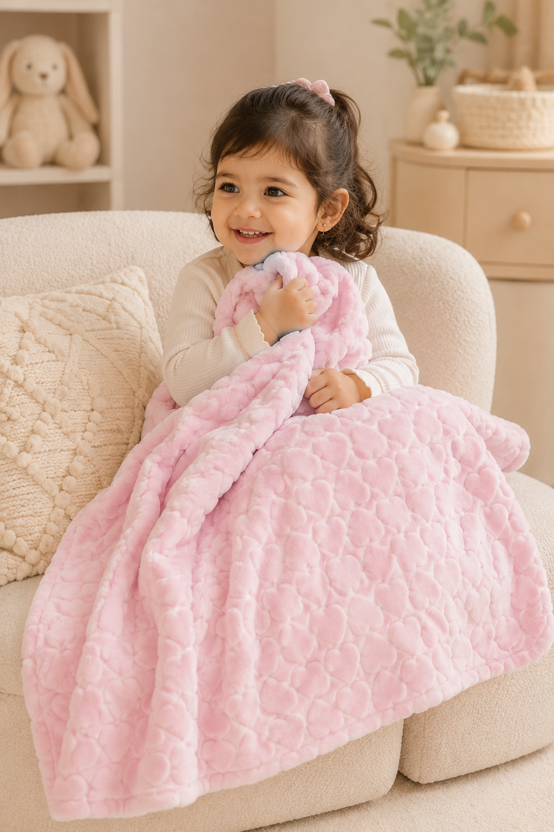 Ultra-Soft Plush Velvet Fleece Blanket with Embossed Heart Texture – Pink Hearts