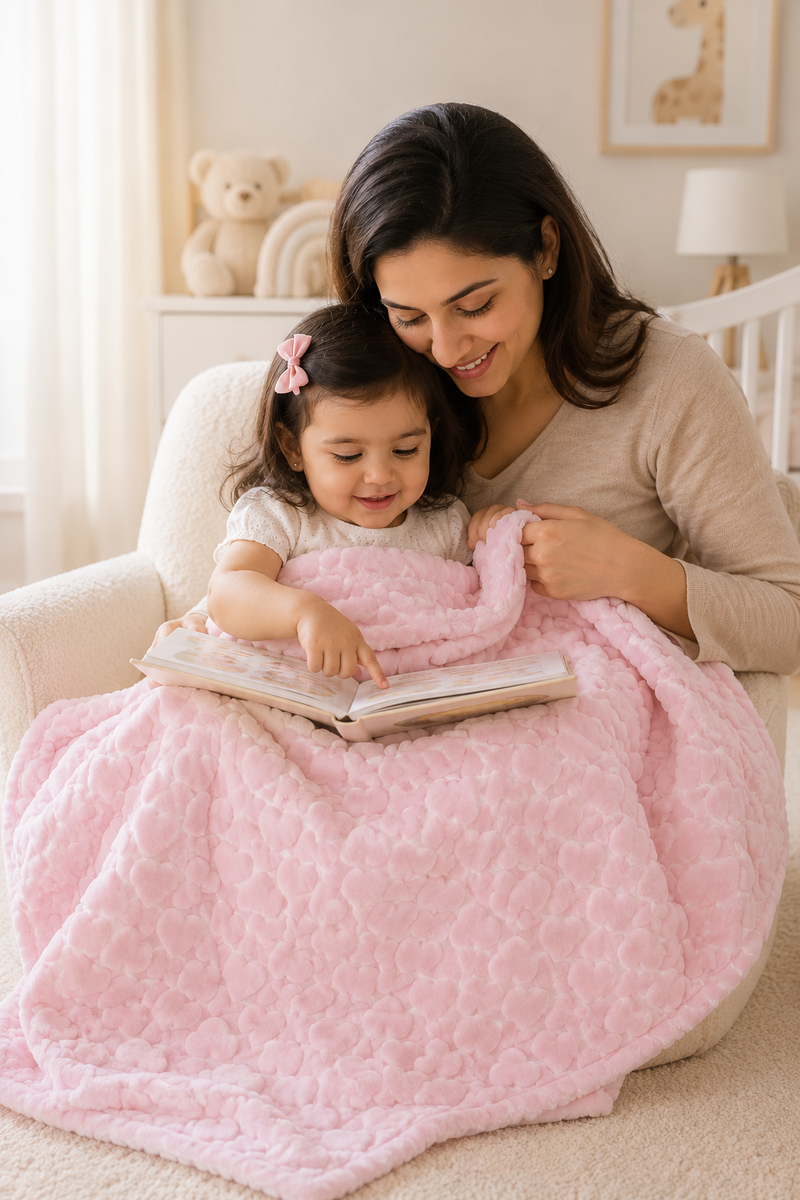Ultra-Soft Plush Velvet Fleece Blanket with Embossed Heart Texture – Pink Hearts