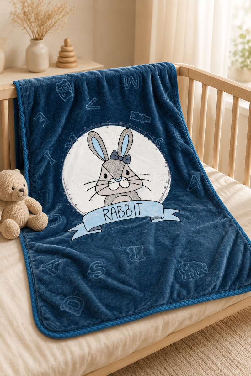 Lightweight Soft Plush Velvet Fleece 2 way Printed Blanket for 1 -7 Year Olds -  Blue Bunny