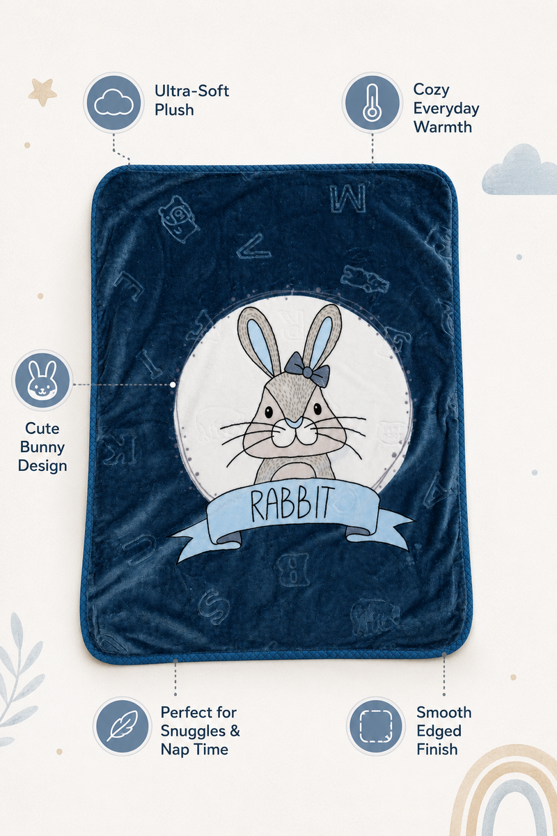Lightweight Soft Plush Velvet Fleece 2 way Printed Blanket for 1 -7 Year Olds -  Blue Bunny