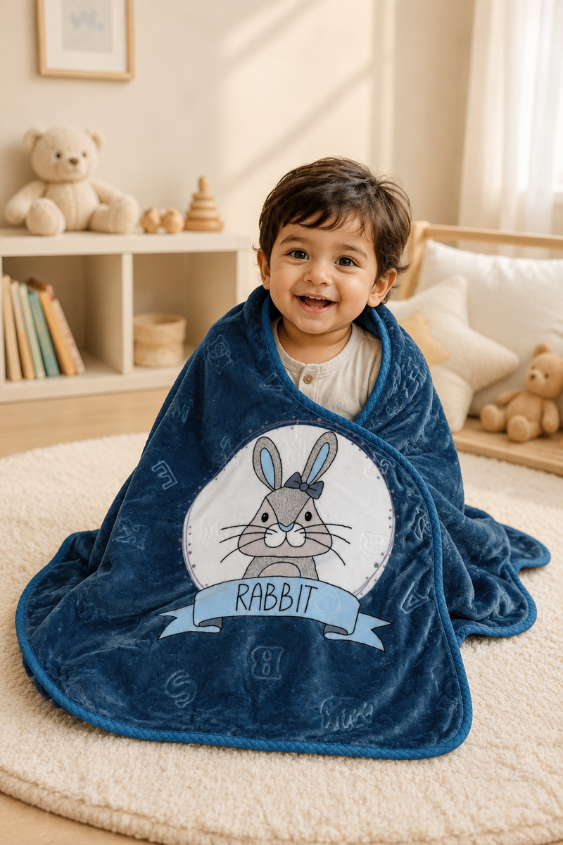 Lightweight Soft Plush Velvet Fleece 2 way Printed Blanket for 1 -7 Year Olds -  Blue Bunny