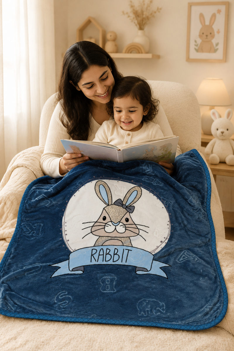 Lightweight Soft Plush Velvet Fleece 2 way Printed Blanket for 1 -7 Year Olds -  Blue Bunny