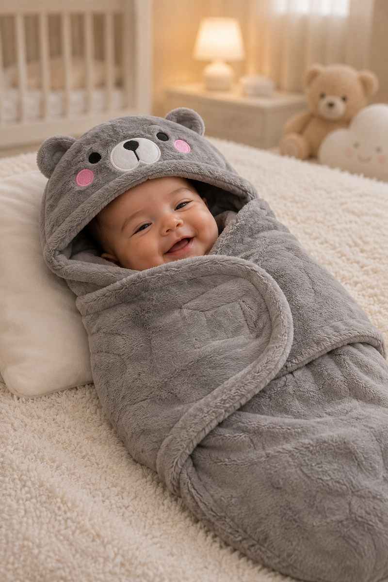 Soft Velvet Fleece Newborn Baby Embroidered Hooded Swaddle Blanket for 0-6 Months - Grey Bear