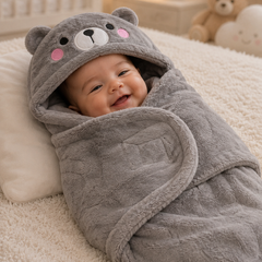 Soft Velvet Fleece Newborn Baby Embroidered Hooded Swaddle Blanket for 0-6 Months - Grey Bear