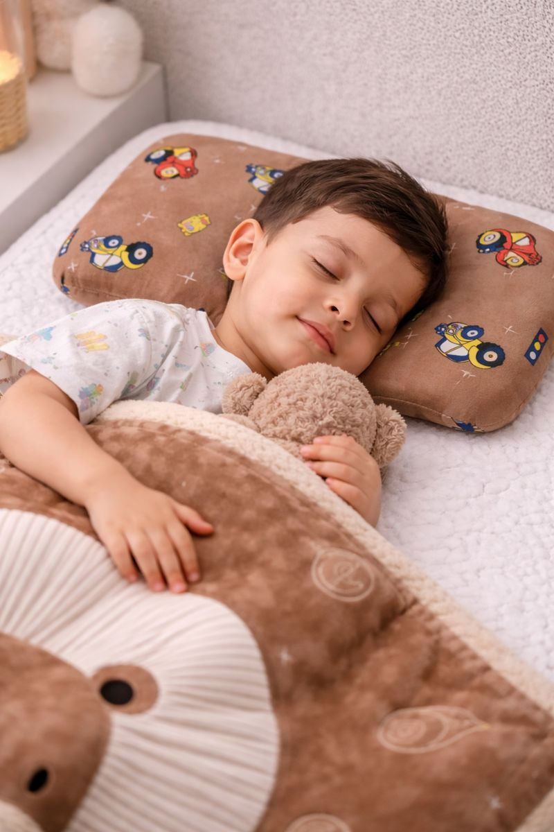 Curve Contour Memory Foam Kids Pillow |Toddler Memory Foam Pillow for 12 Months Plus - Brown Wheels