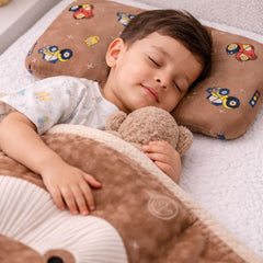 Curve Contour Memory Foam Kids Pillow |Toddler Memory Foam Pillow for 12 Months Plus - Brown Wheels