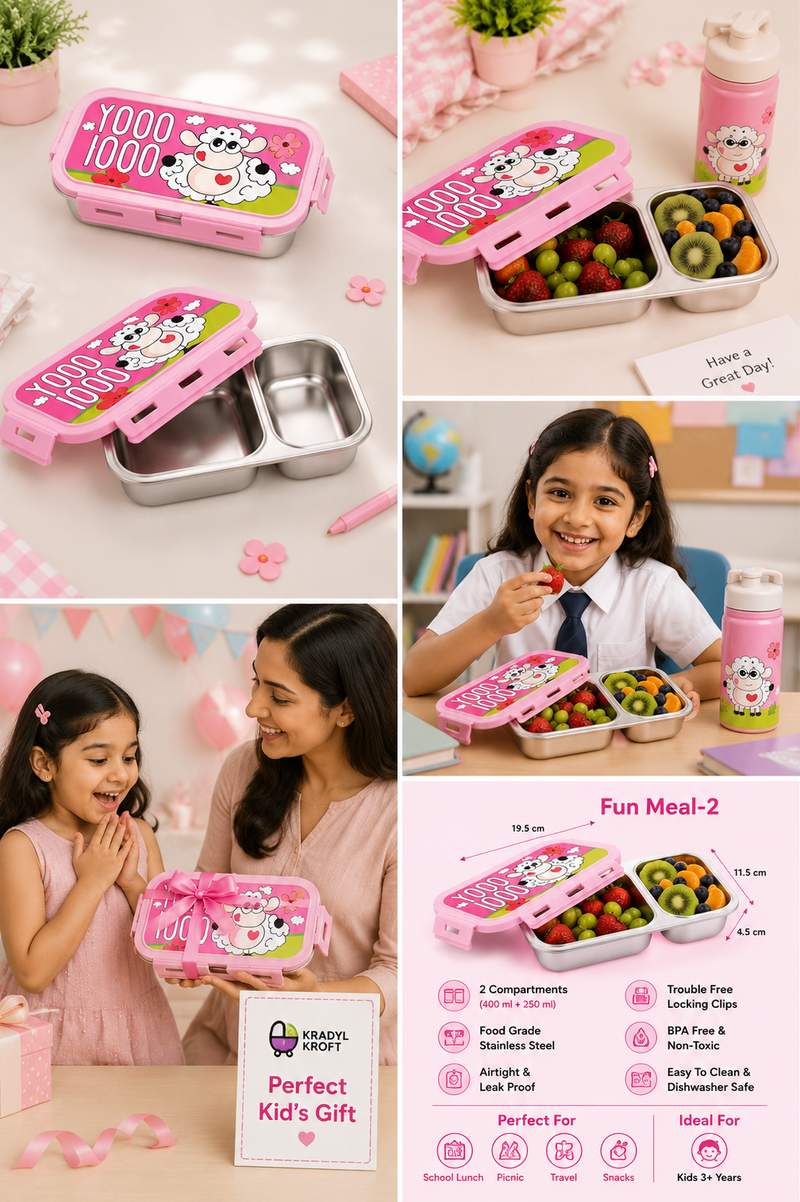 2 Compartment Stainless Steel Lunch Box | Leak Proof Easy Lock | BPA Free Food Grade Tiffin Box