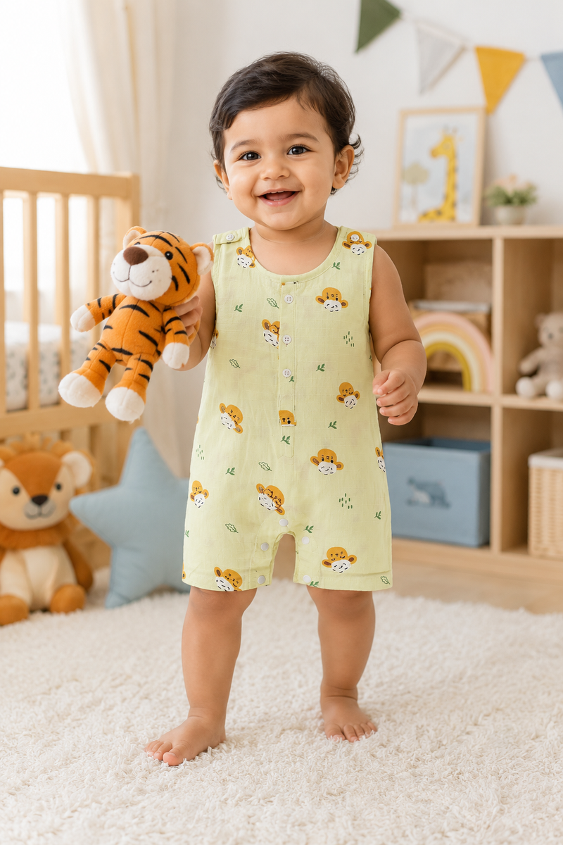 Green Sheep | Sleeveless | Unisex Romper Bodysuit | 100% Cotton Muslin for 0 to 2 Yrs