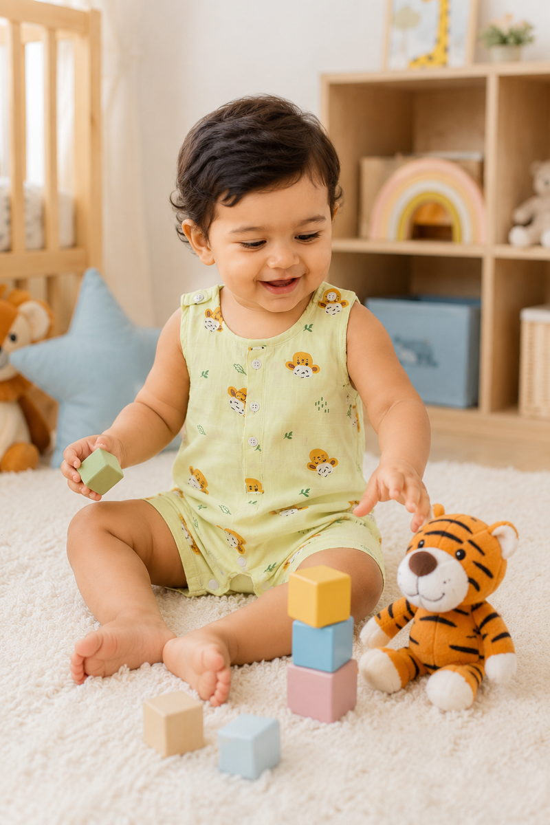 Green Sheep | Sleeveless | Unisex Romper Bodysuit | 100% Cotton Muslin for 0 to 2 Yrs