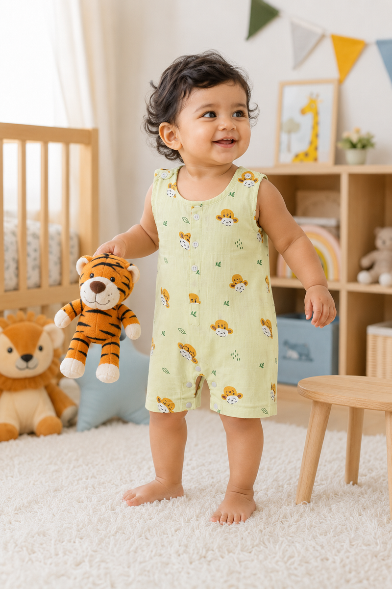 Green Sheep | Sleeveless | Unisex Romper Bodysuit | 100% Cotton Muslin for 0 to 2 Yrs
