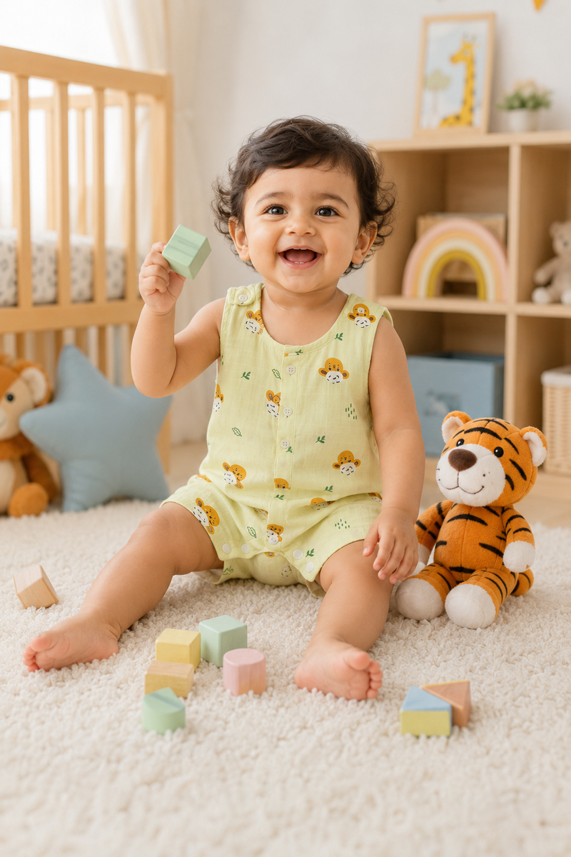 Green Sheep | Sleeveless | Unisex Romper Bodysuit | 100% Cotton Muslin for 0 to 2 Yrs
