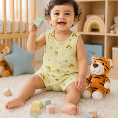 Green Sheep | Sleeveless | Unisex Romper Bodysuit | 100% Cotton Muslin for 0 to 2 Yrs