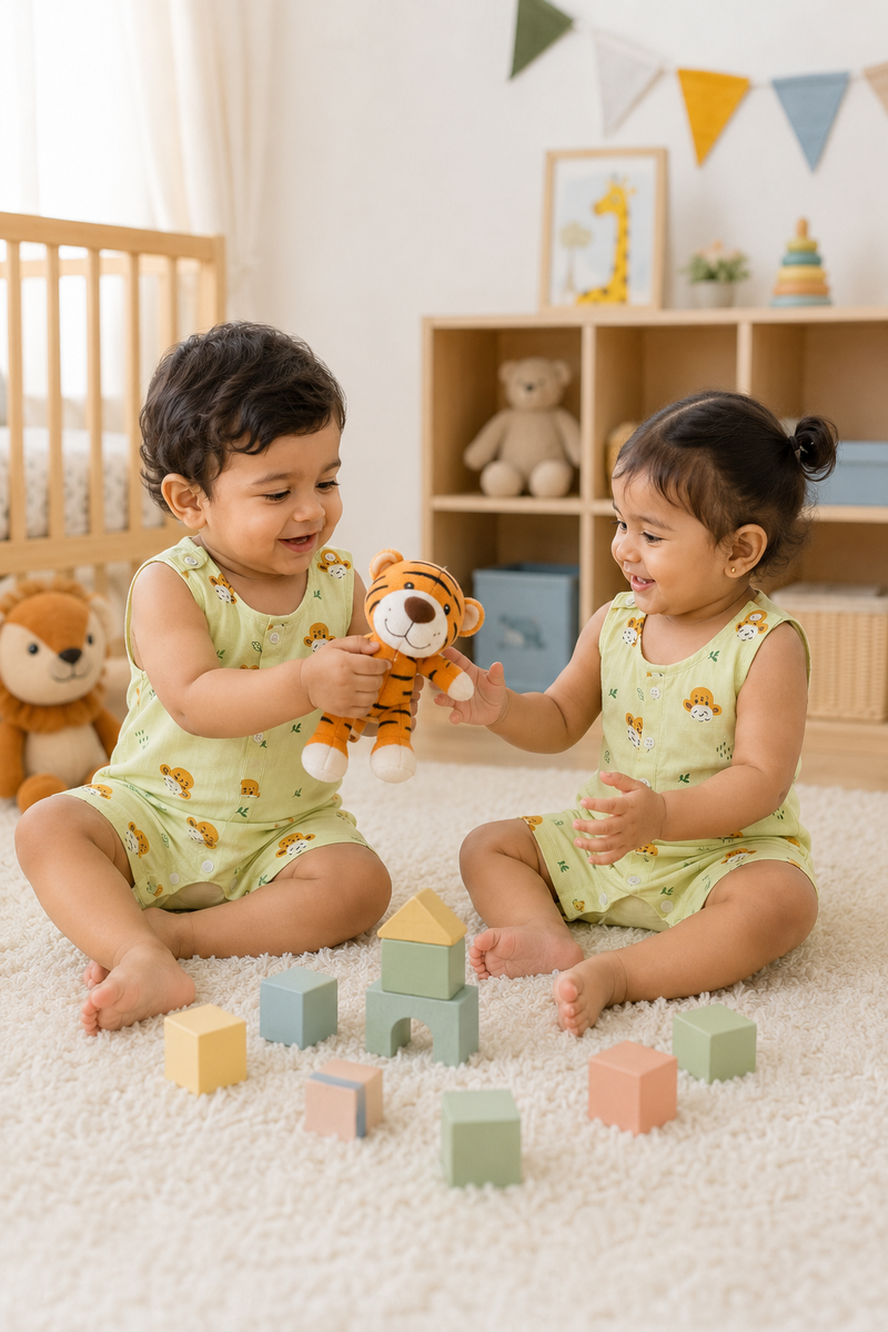 Green Sheep | Sleeveless | Unisex Romper Bodysuit | 100% Cotton Muslin for 0 to 2 Yrs
