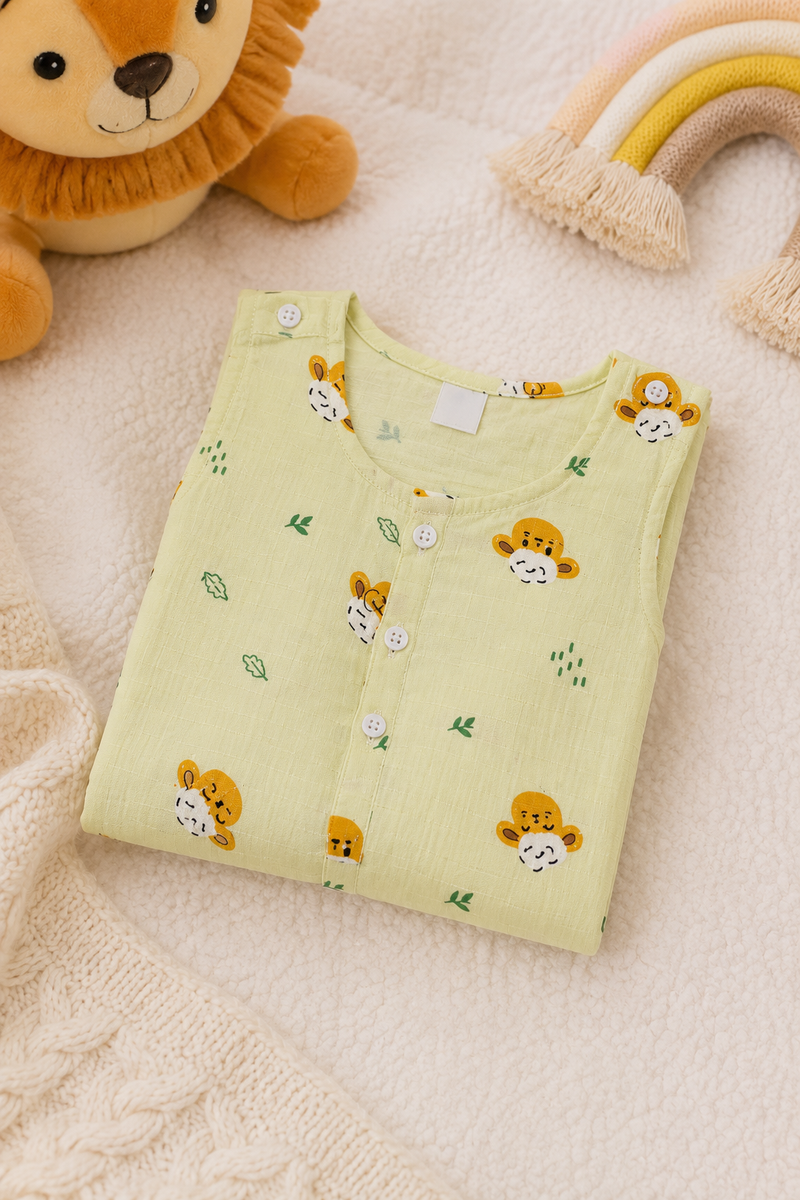 Green Sheep | Sleeveless | Unisex Romper Bodysuit | 100% Cotton Muslin for 0 to 2 Yrs