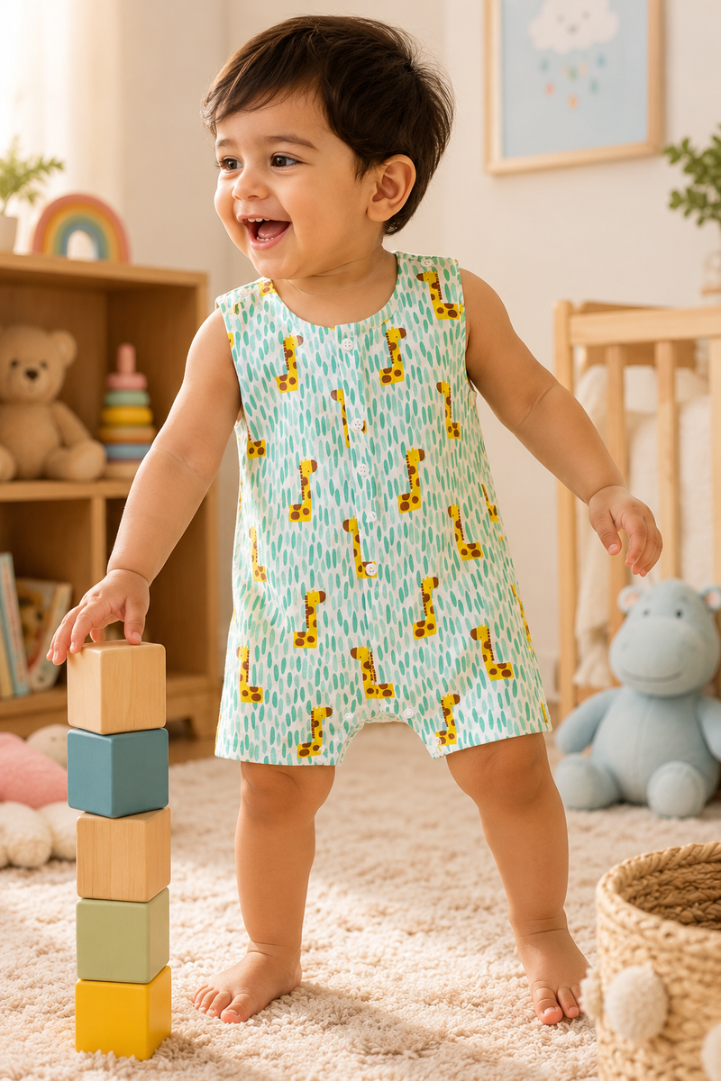 Green Giraffe | Sleeveless | Unisex Romper Bodysuit | 100% Cotton Muslin for 0 to 2 Yrs