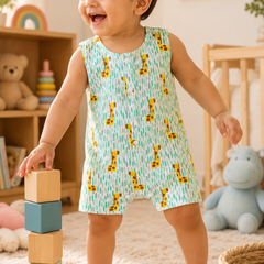 Green Giraffe | Sleeveless | Unisex Romper Bodysuit | 100% Cotton Muslin for 0 to 2 Yrs