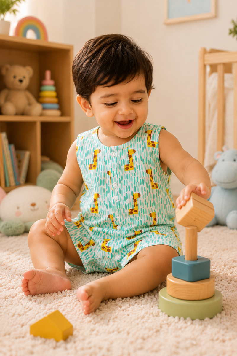 Green Giraffe | Sleeveless | Unisex Romper Bodysuit | 100% Cotton Muslin for 0 to 2 Yrs