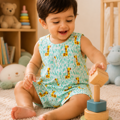 Green Giraffe | Sleeveless | Unisex Romper Bodysuit | 100% Cotton Muslin for 0 to 2 Yrs