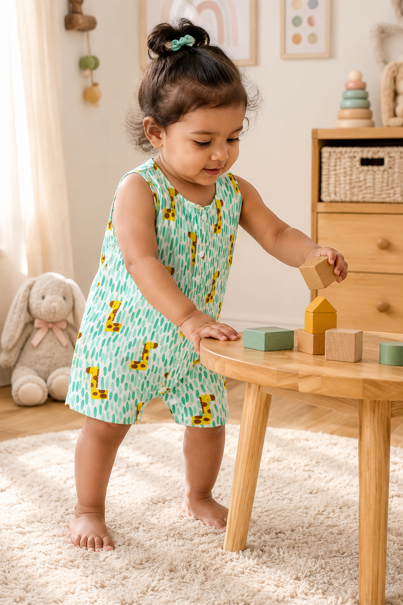 Green Giraffe | Sleeveless | Unisex Romper Bodysuit | 100% Cotton Muslin for 0 to 2 Yrs