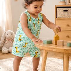 Green Giraffe | Sleeveless | Unisex Romper Bodysuit | 100% Cotton Muslin for 0 to 2 Yrs