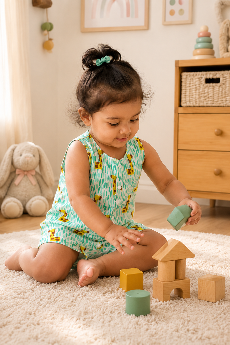Green Giraffe | Sleeveless | Unisex Romper Bodysuit | 100% Cotton Muslin for 0 to 2 Yrs