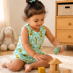 Green Giraffe | Sleeveless | Unisex Romper Bodysuit | 100% Cotton Muslin for 0 to 2 Yrs