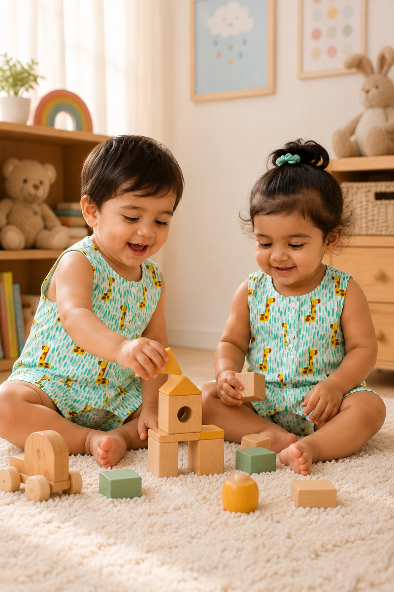 Green Giraffe | Sleeveless | Unisex Romper Bodysuit | 100% Cotton Muslin for 0 to 2 Yrs