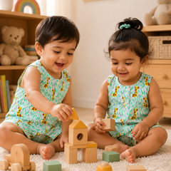 Green Giraffe | Sleeveless | Unisex Romper Bodysuit | 100% Cotton Muslin for 0 to 2 Yrs