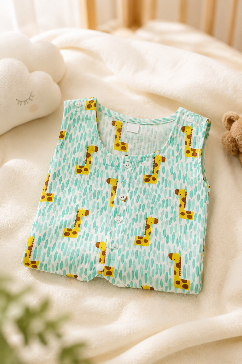Green Giraffe | Sleeveless | Unisex Romper Bodysuit | 100% Cotton Muslin for 0 to 2 Yrs