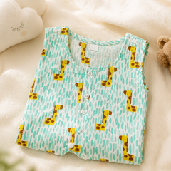 Green Giraffe | Sleeveless | Unisex Romper Bodysuit | 100% Cotton Muslin for 0 to 2 Yrs