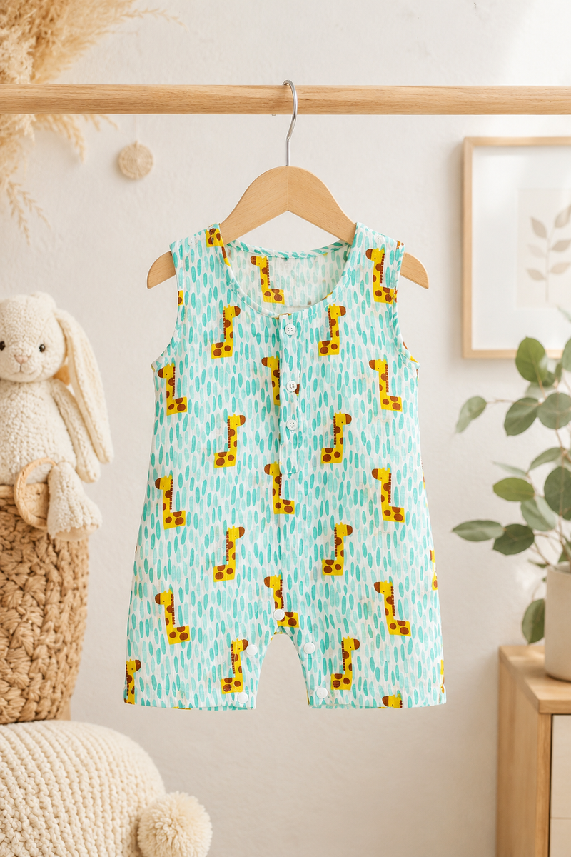 Green Giraffe | Sleeveless | Unisex Romper Bodysuit | 100% Cotton Muslin for 0 to 2 Yrs