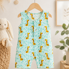 Green Giraffe | Sleeveless | Unisex Romper Bodysuit | 100% Cotton Muslin for 0 to 2 Yrs