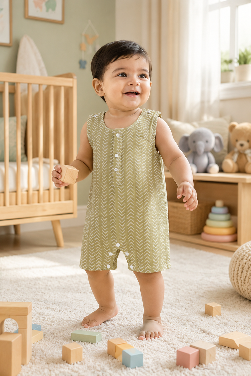 Earth Green | Sleeveless | Unisex Romper Bodysuit | 100% Cotton Muslin for 0 to 2 Yrs