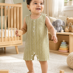 Earth Green | Sleeveless | Unisex Romper Bodysuit | 100% Cotton Muslin for 0 to 2 Yrs