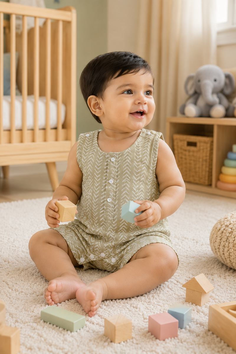 Earth Green | Sleeveless | Unisex Romper Bodysuit | 100% Cotton Muslin for 0 to 2 Yrs
