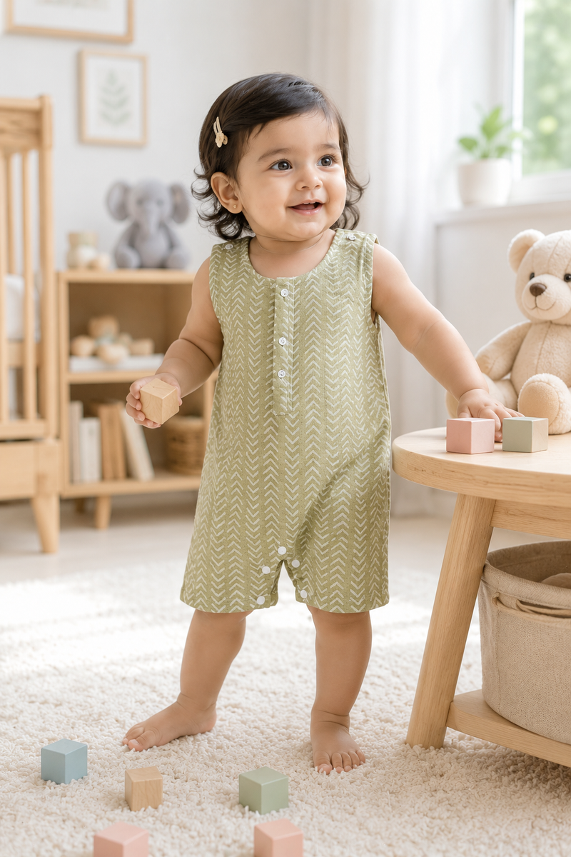 Earth Green | Sleeveless | Unisex Romper Bodysuit | 100% Cotton Muslin for 0 to 2 Yrs