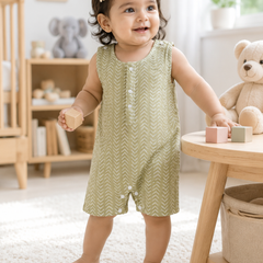 Earth Green | Sleeveless | Unisex Romper Bodysuit | 100% Cotton Muslin for 0 to 2 Yrs