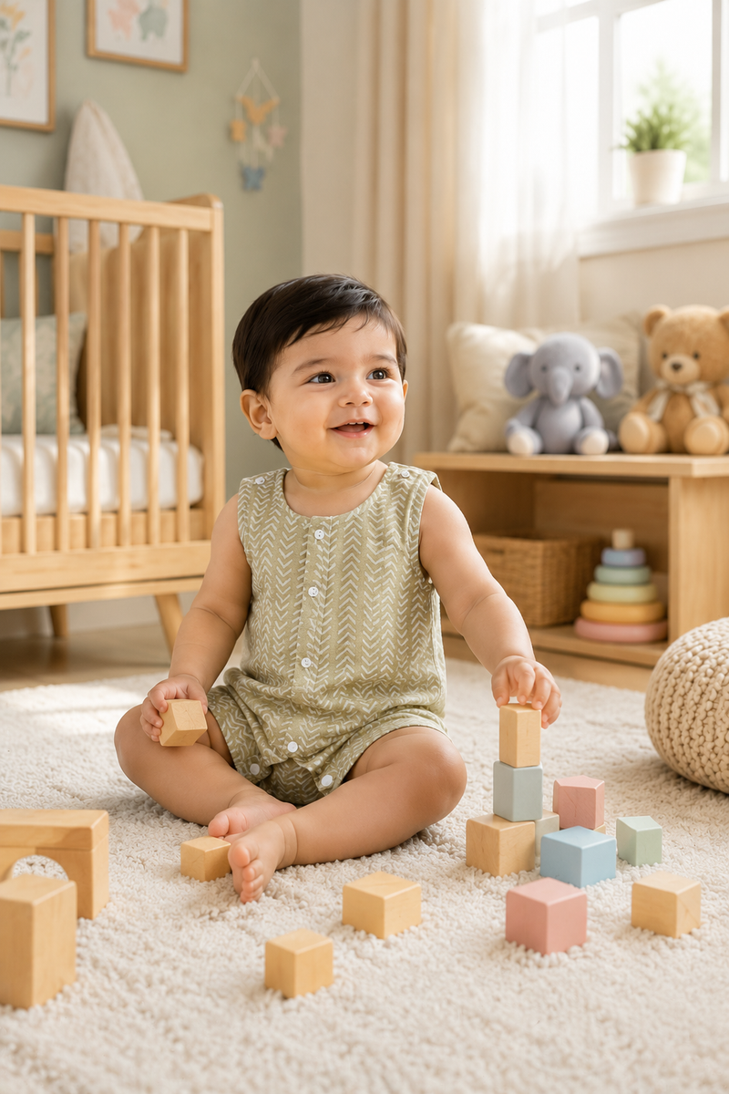 Earth Green | Sleeveless | Unisex Romper Bodysuit | 100% Cotton Muslin for 0 to 2 Yrs