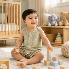 Earth Green | Sleeveless | Unisex Romper Bodysuit | 100% Cotton Muslin for 0 to 2 Yrs