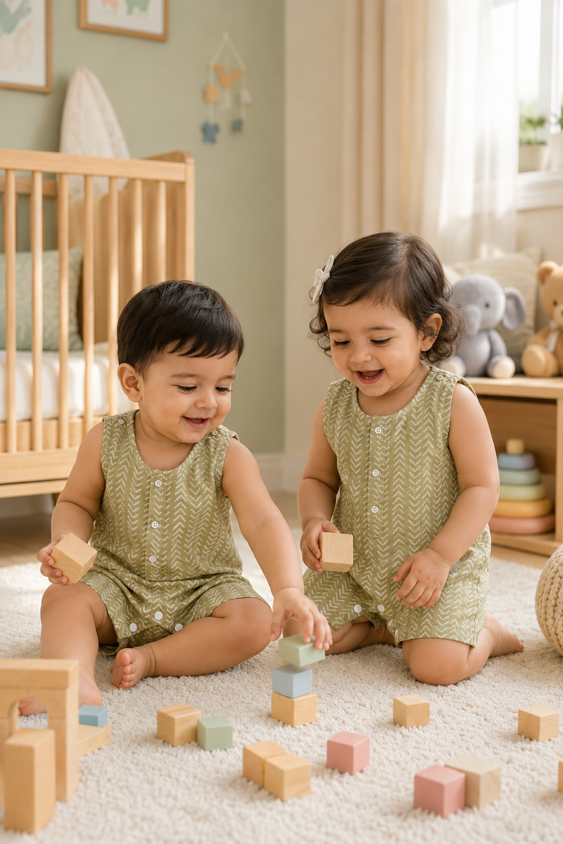 Earth Green | Sleeveless | Unisex Romper Bodysuit | 100% Cotton Muslin for 0 to 2 Yrs
