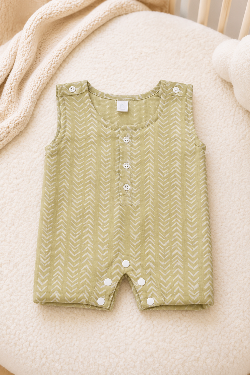 Earth Green | Sleeveless | Unisex Romper Bodysuit | 100% Cotton Muslin for 0 to 2 Yrs