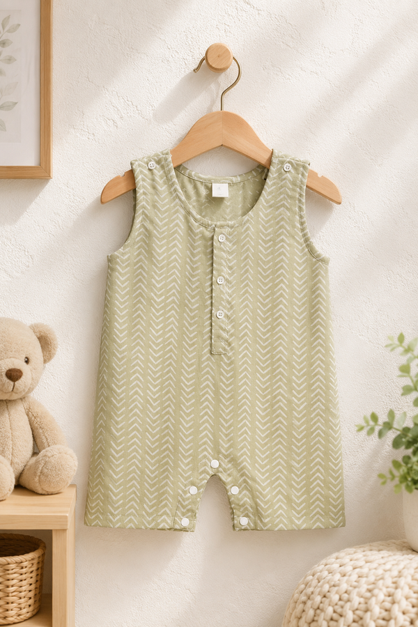 Earth Green | Sleeveless | Unisex Romper Bodysuit | 100% Cotton Muslin for 0 to 2 Yrs