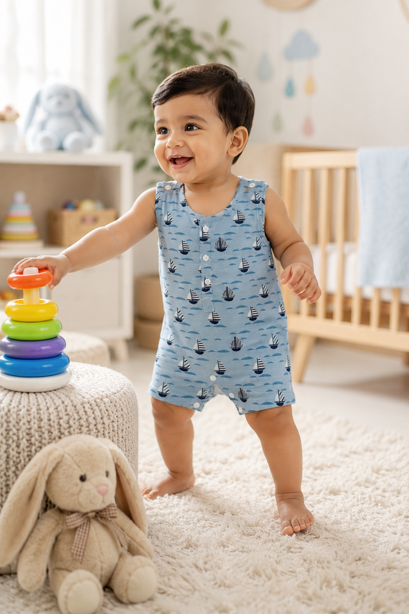 Blue Sail | Sleeveless | Unisex Romper Bodysuit | 100% Cotton Muslin for 0 to 2 Yrs